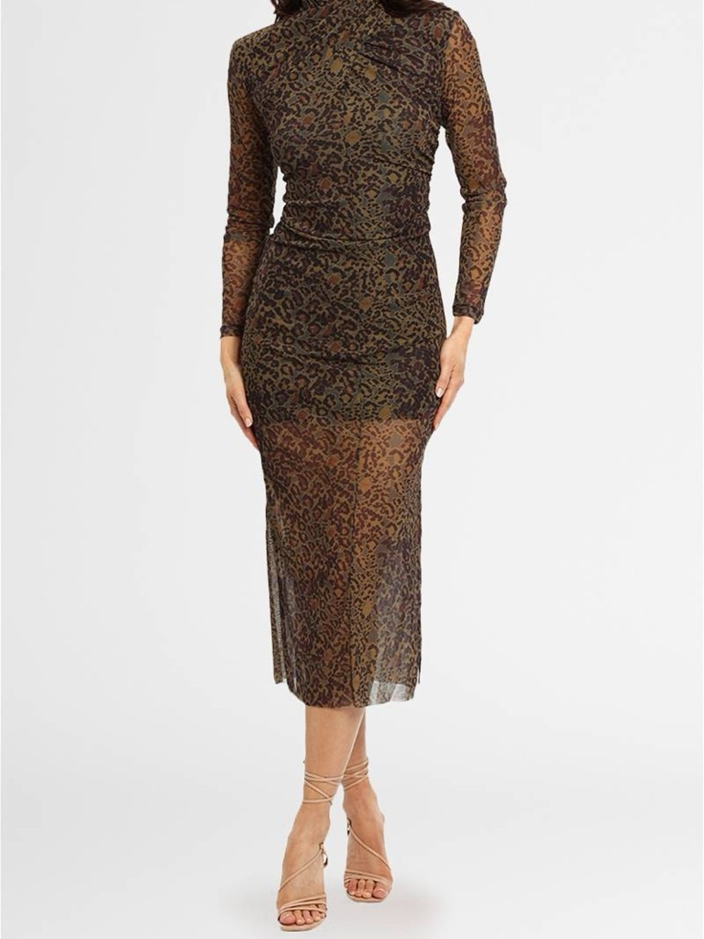 All Saints Brown Leopard-Print Long Sleeve Mesh Midi Dress